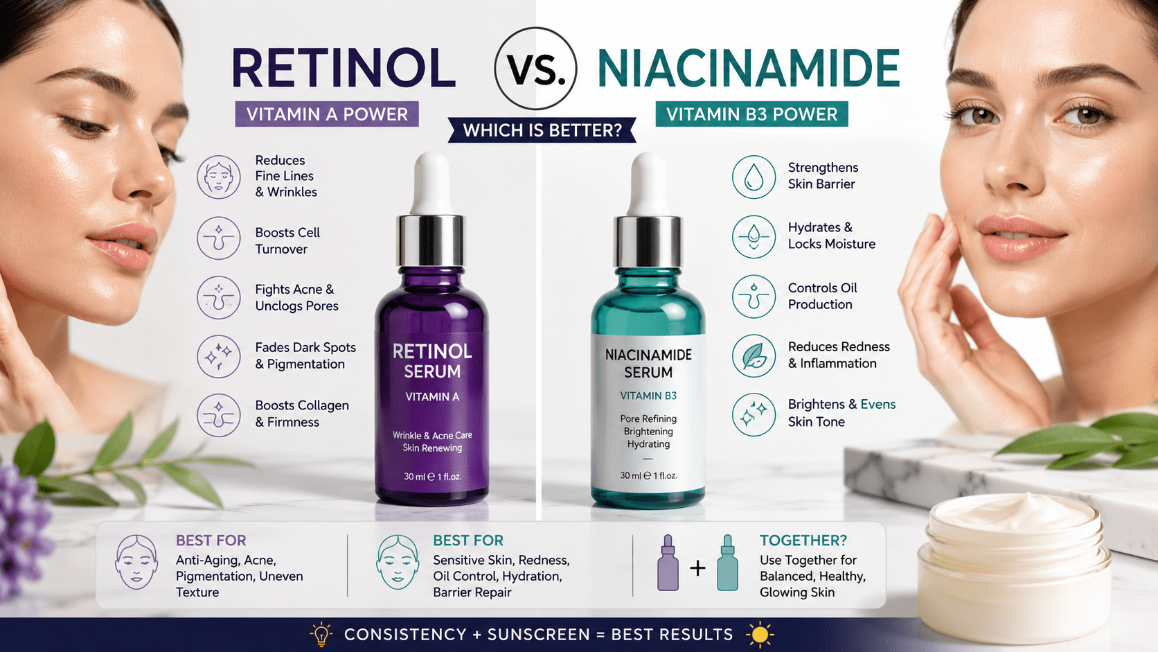 Retinol vs Niacinamide skincare comparison