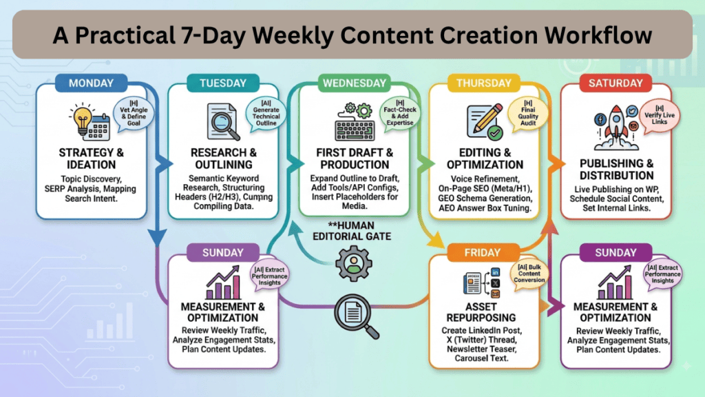 A Practical 7-Day Weekly Content Creation Workflow visual flowchart