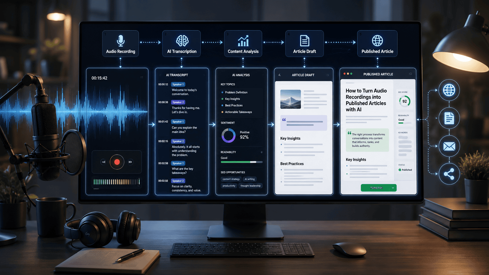 turn audio recordings into published articles with AI